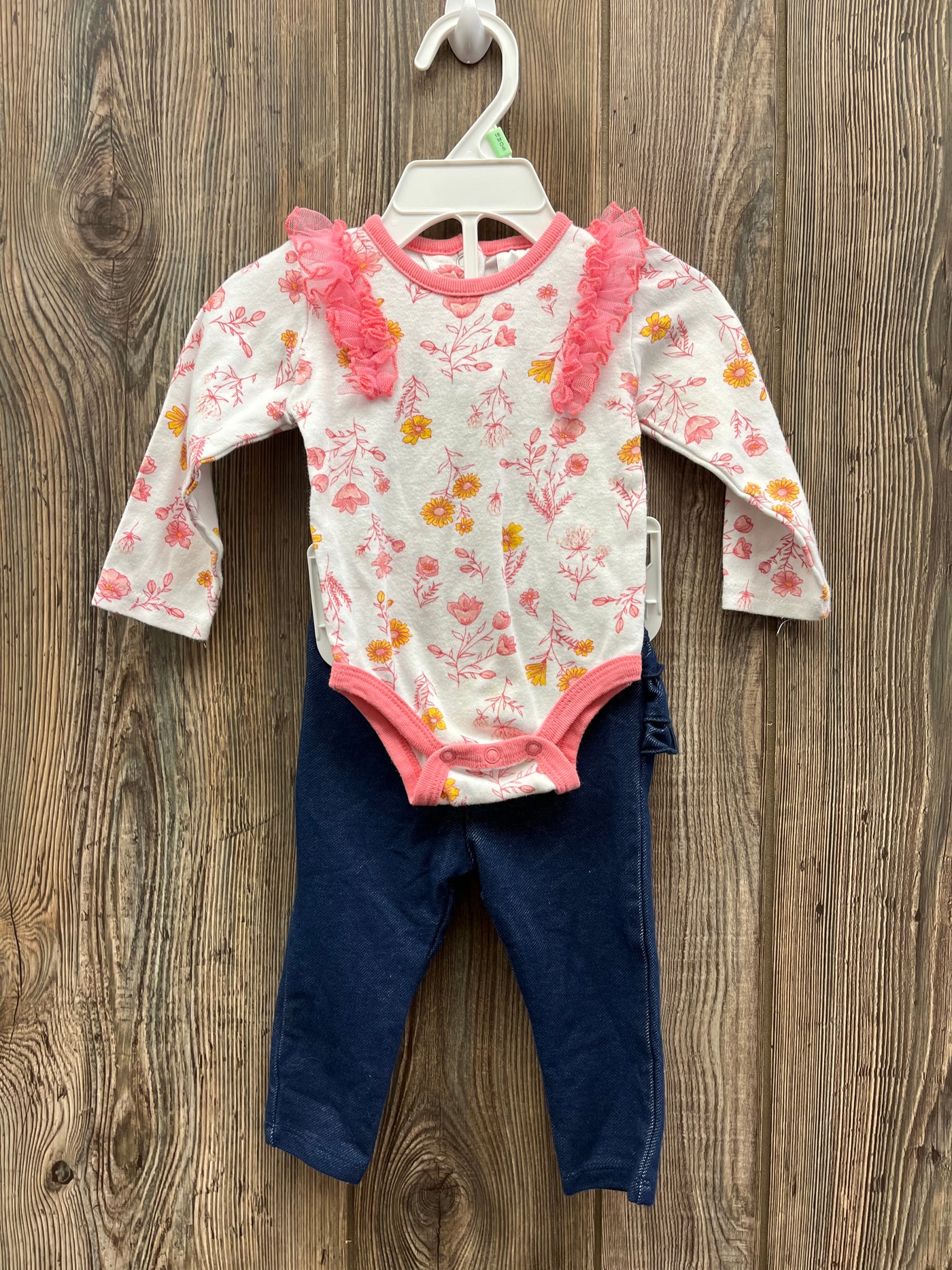 Girls 6-9 mo Pink Flower Long Sleeve Onesie and Jeans Outfit