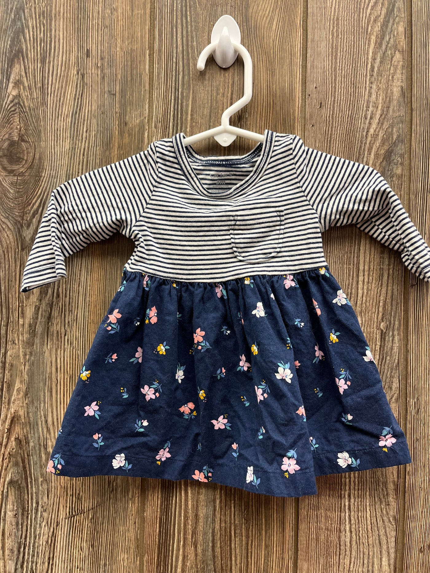 Girls 3 mo Blue Stripes and Flowers Dress