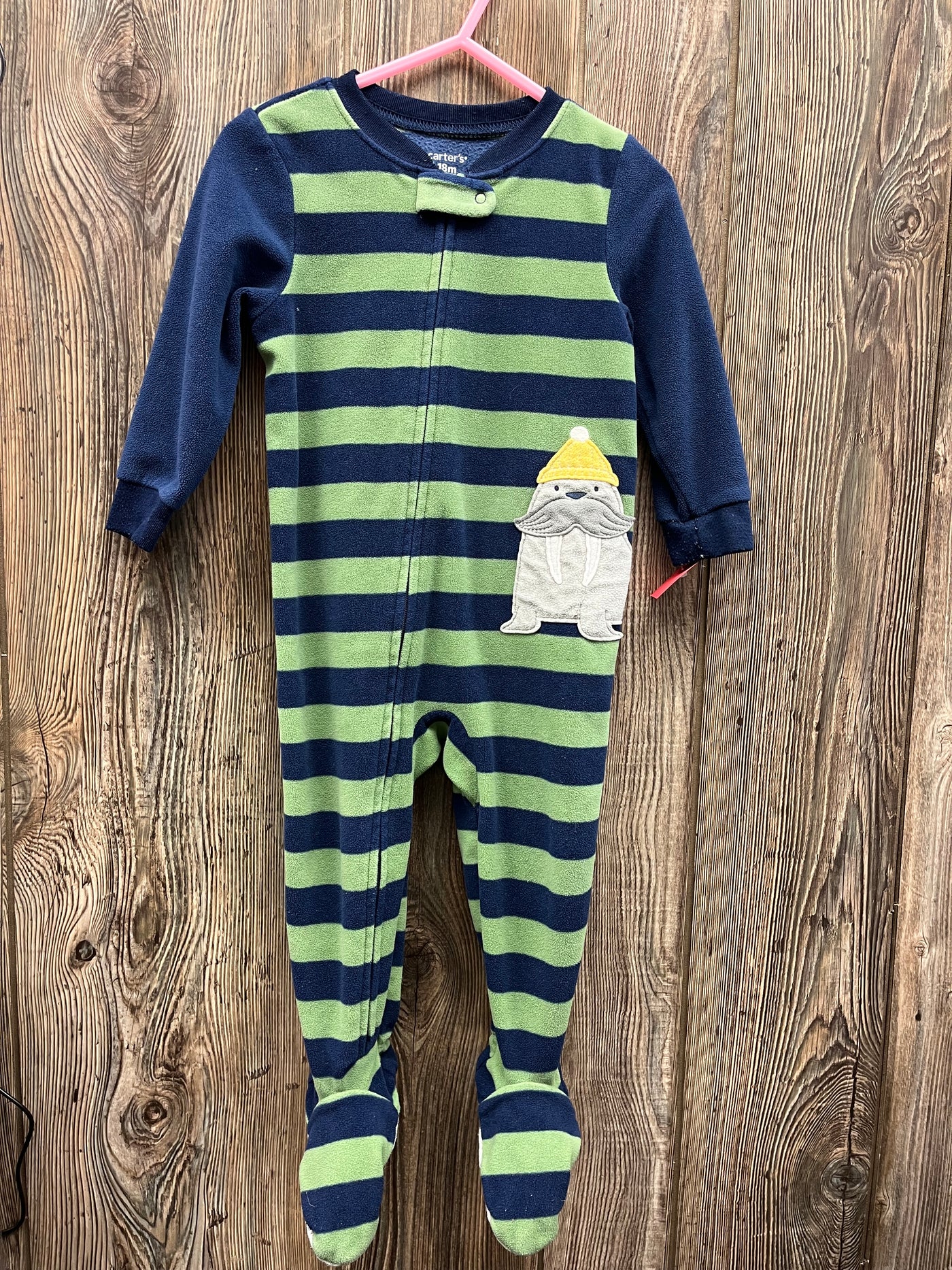 Boys 18 mo Walrus Navy Green Fleece Footed Zip Sleeper