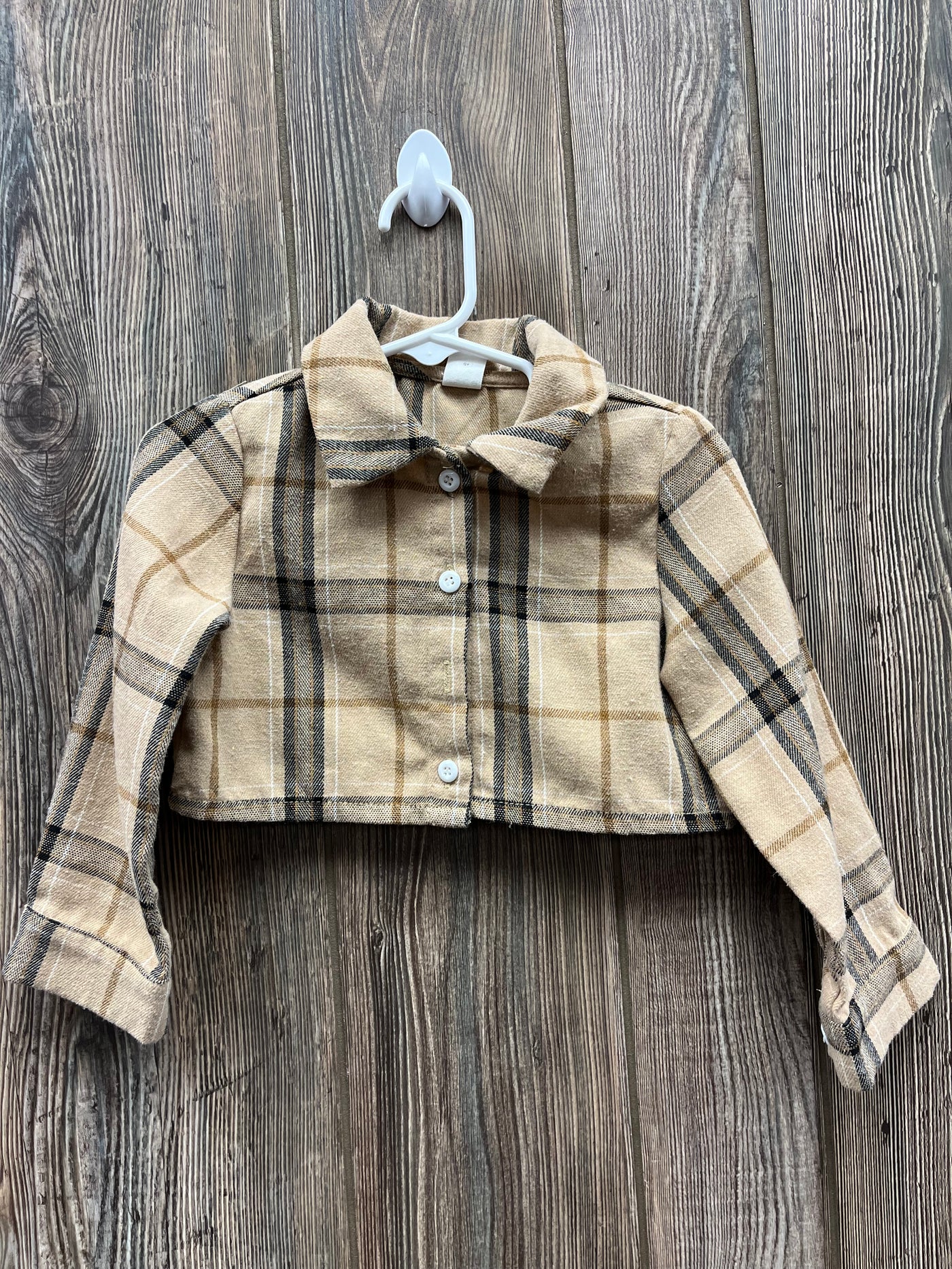 Girl 18-24 mo Tan Checked Button Up Cropped Long Sleeve Shirt