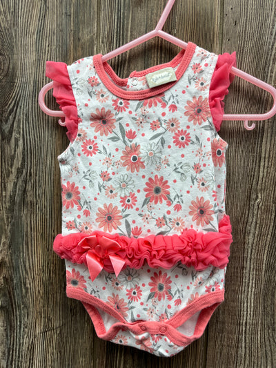 Girl 6-9 mo Pink Flowers with Pink Waist Ruffle Short Sleeve Onesie