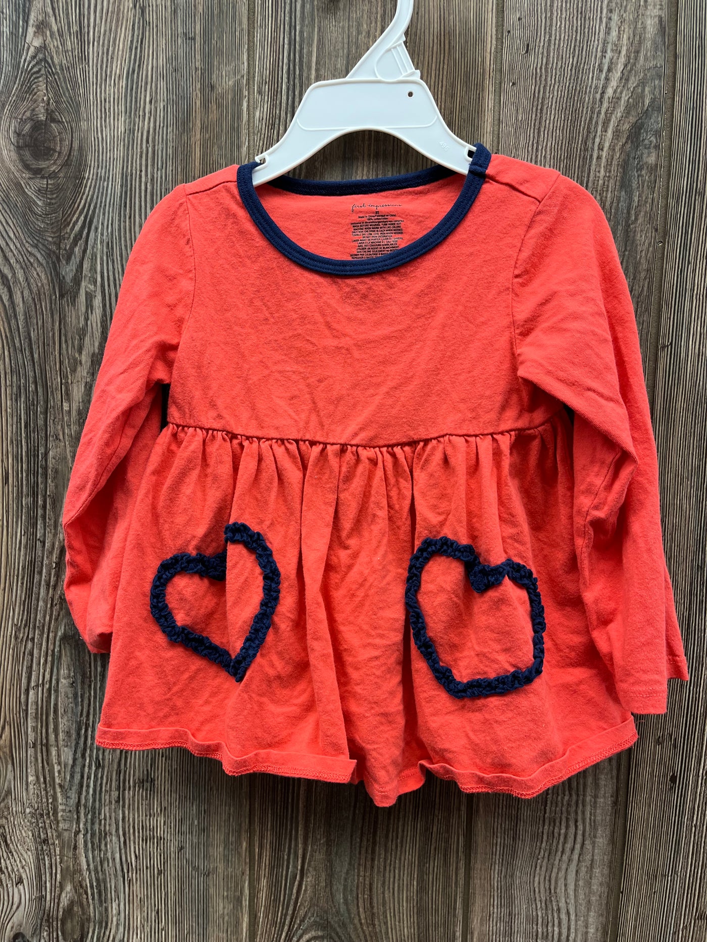 Girl 3T Red Long Sleeve Shirt with Navy Hearts