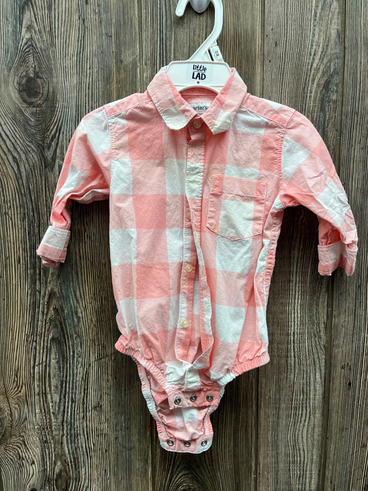 Boy 18 mo Pink White Plaid Long Sleeve Onesie