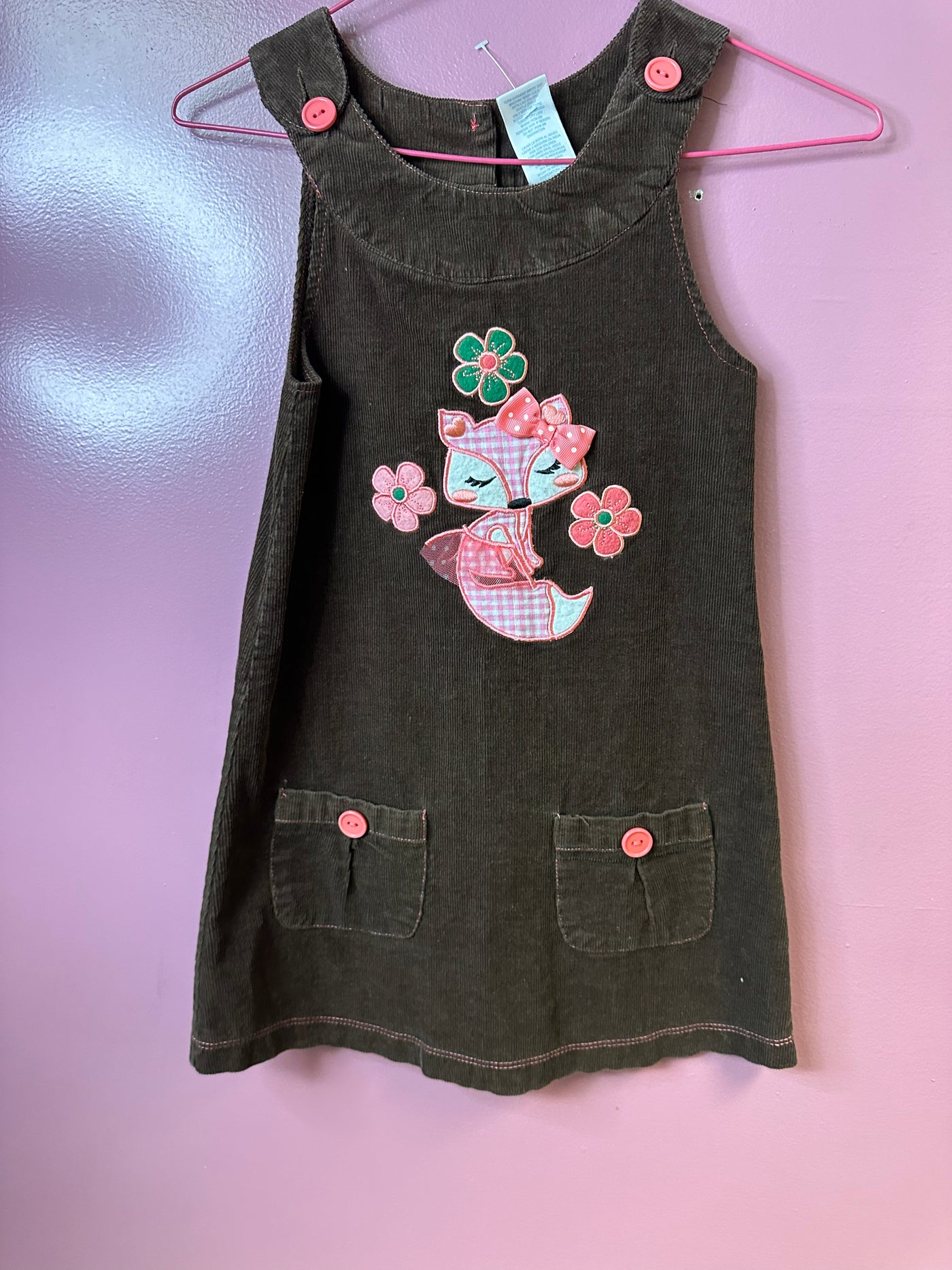 Girls 5T Brown with Pink Fox Overall Dress