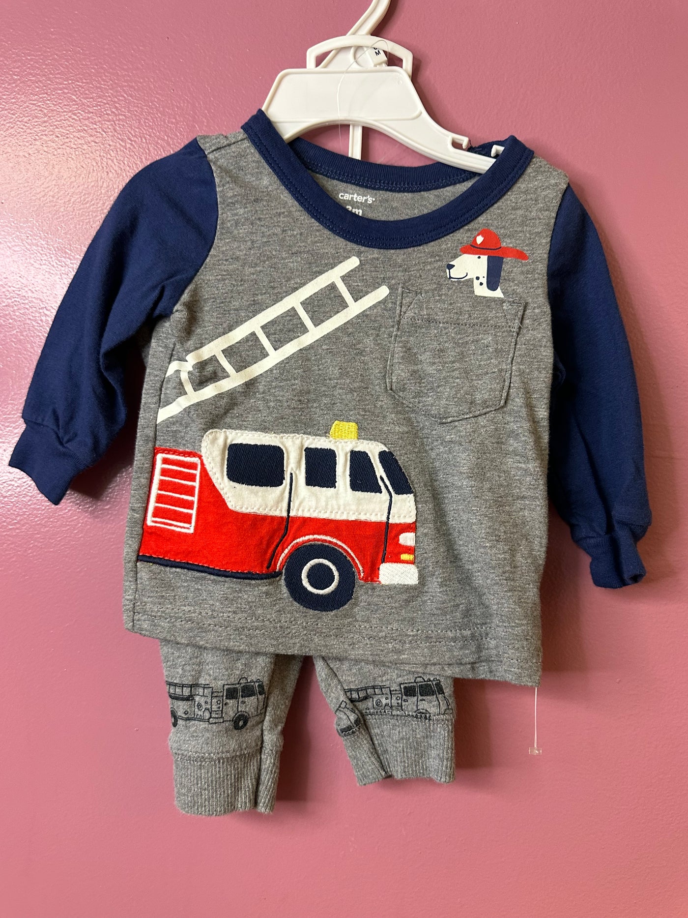 Boys 3 mo Gray Firetruck Outfit