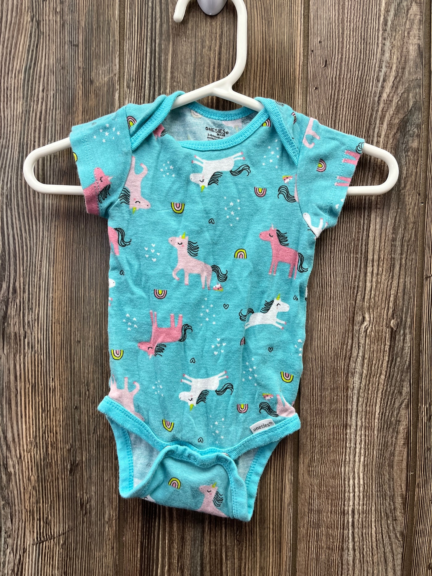 Girl 3-6 mo Blue Short Sleeve Onesie with Unicorns and Rainbows