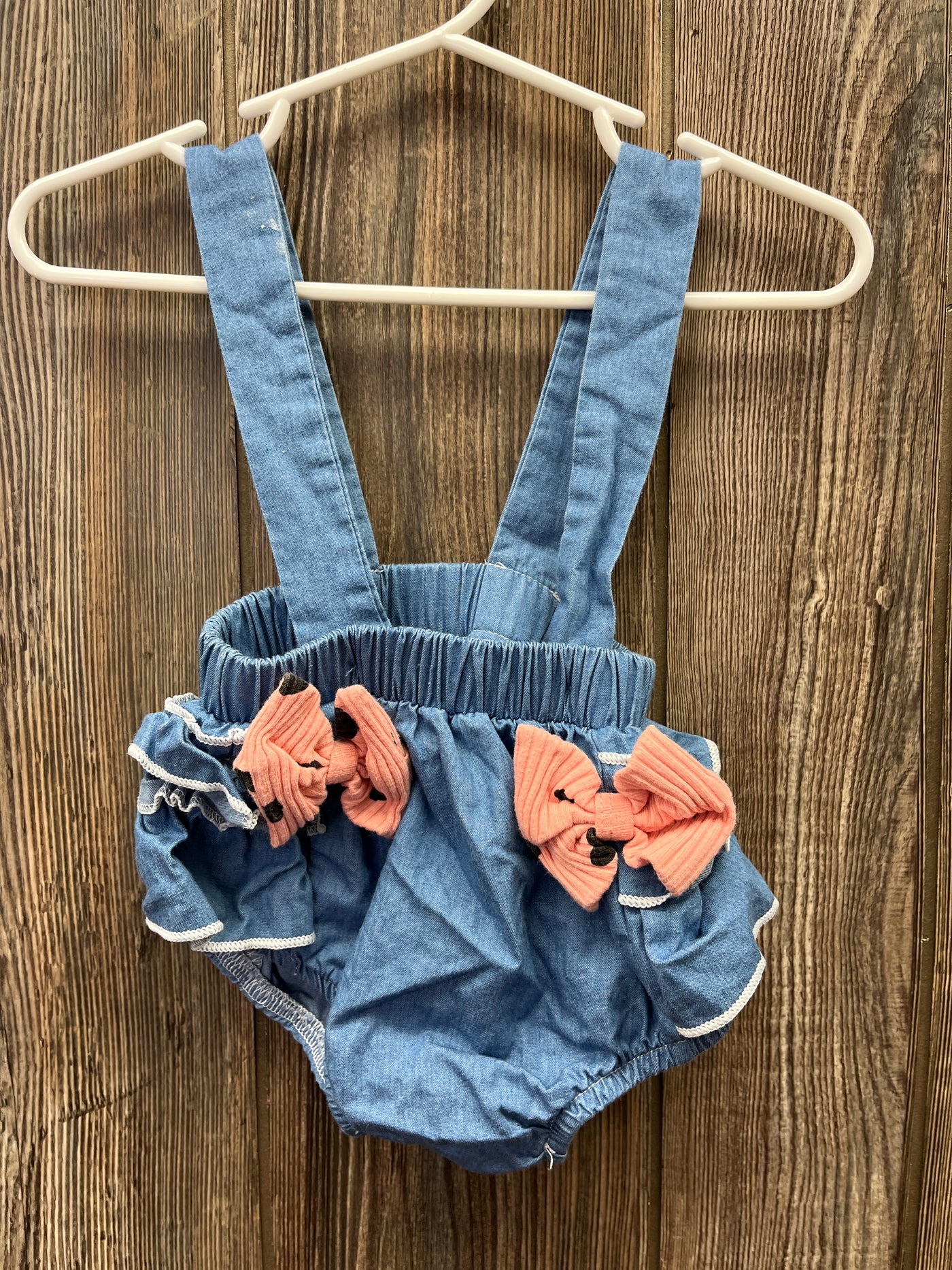 Girl 0-6 mo Denim Overalls with Pink Bows