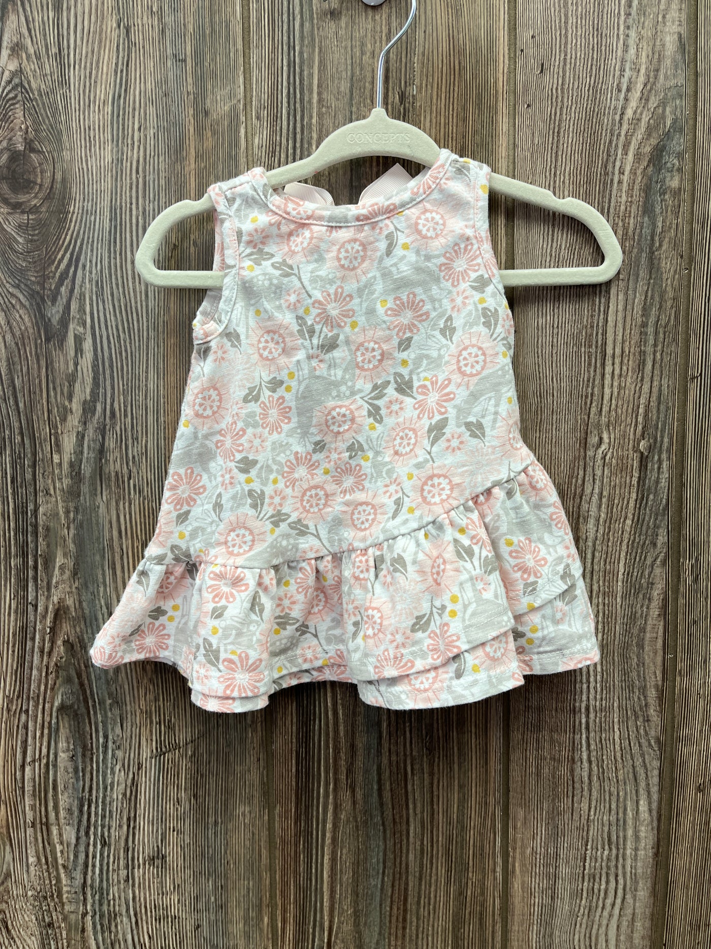 Girls 0-3 mo White Tank Top Dress with Pink and Gray Flowers Bow in Back