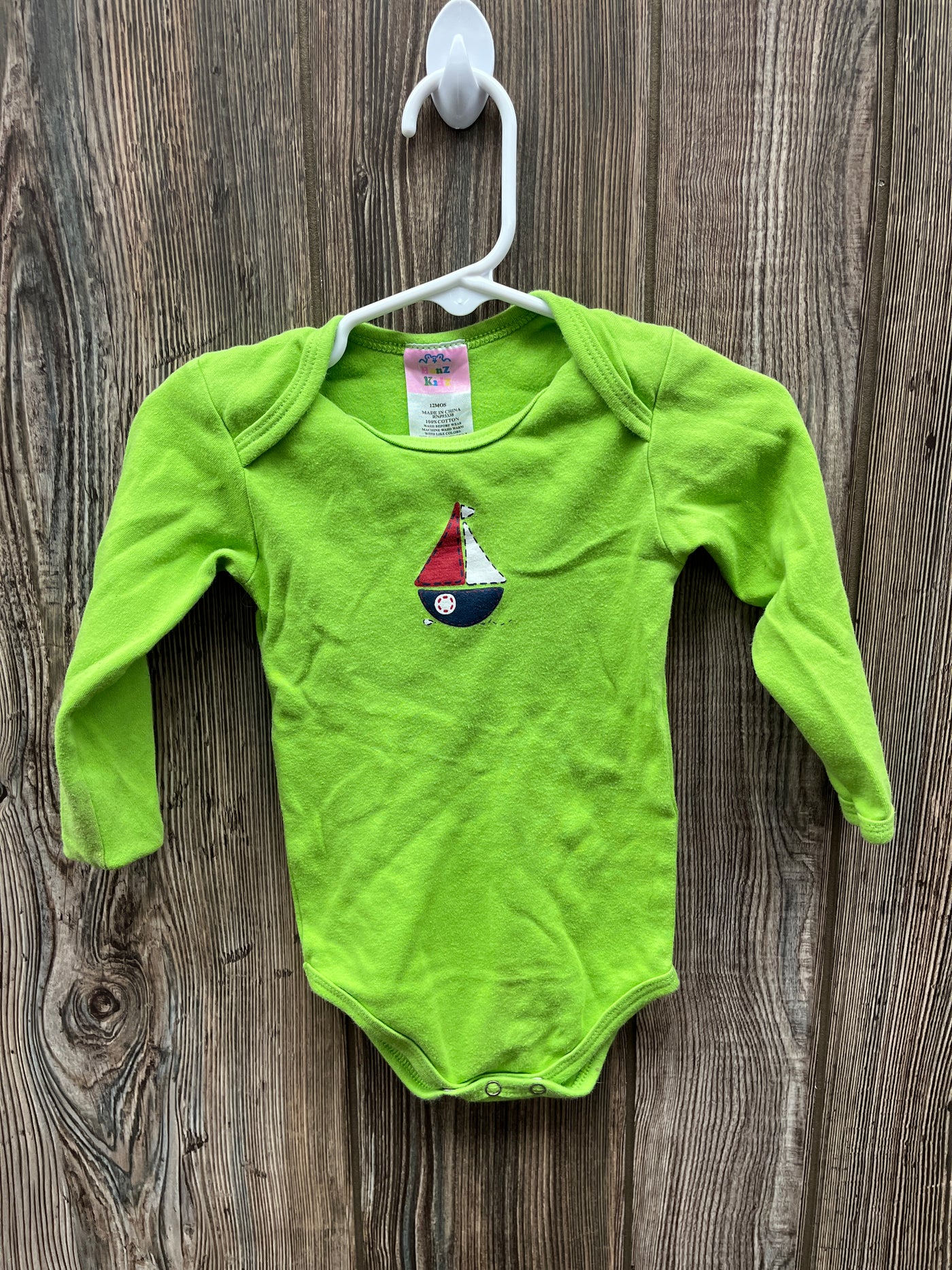 Boys 12 mo Sailboat Long Sleeve Green Onesie