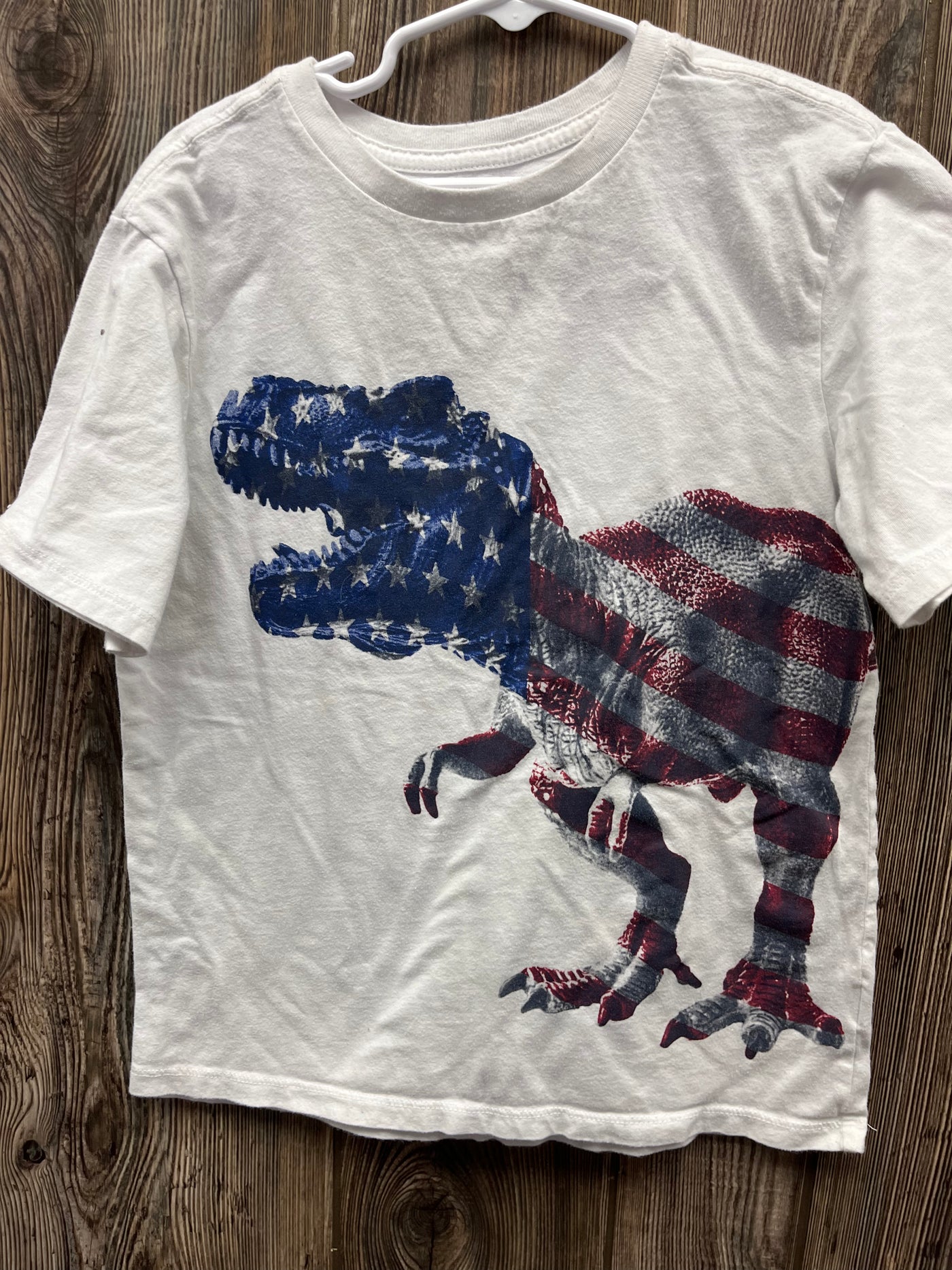 Boys 7/8 White Dinosaur Flag Short Sleeve Top