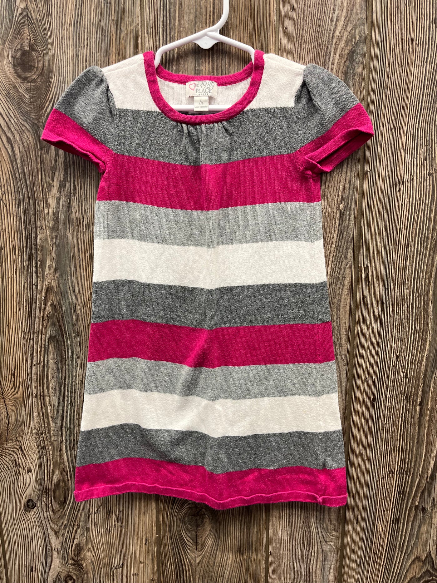 Girls Pink Gray Striped Short Sleeve Dress