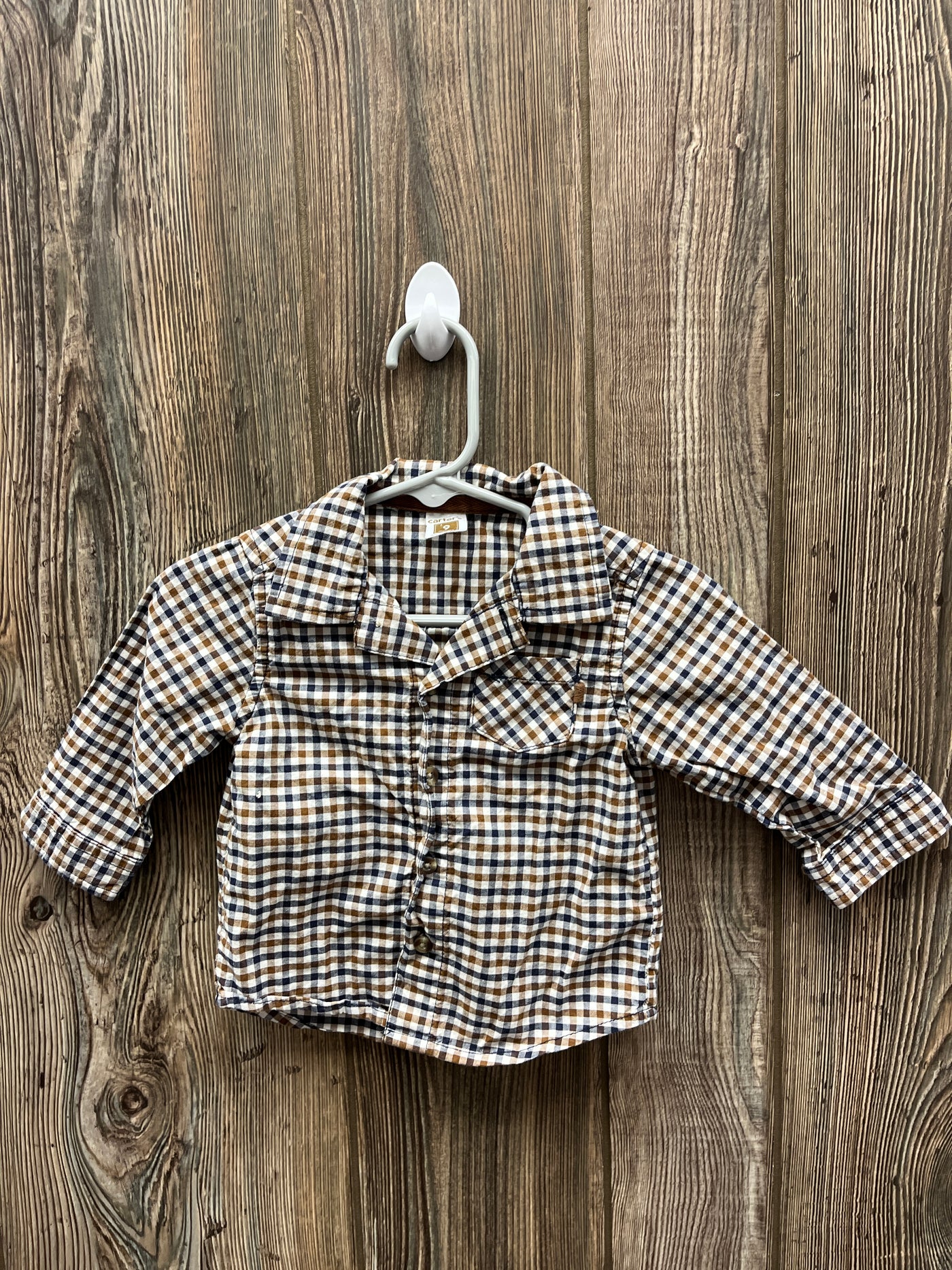 Boys 9 mo Brown Navy Checkered Long Sleeve Button Down