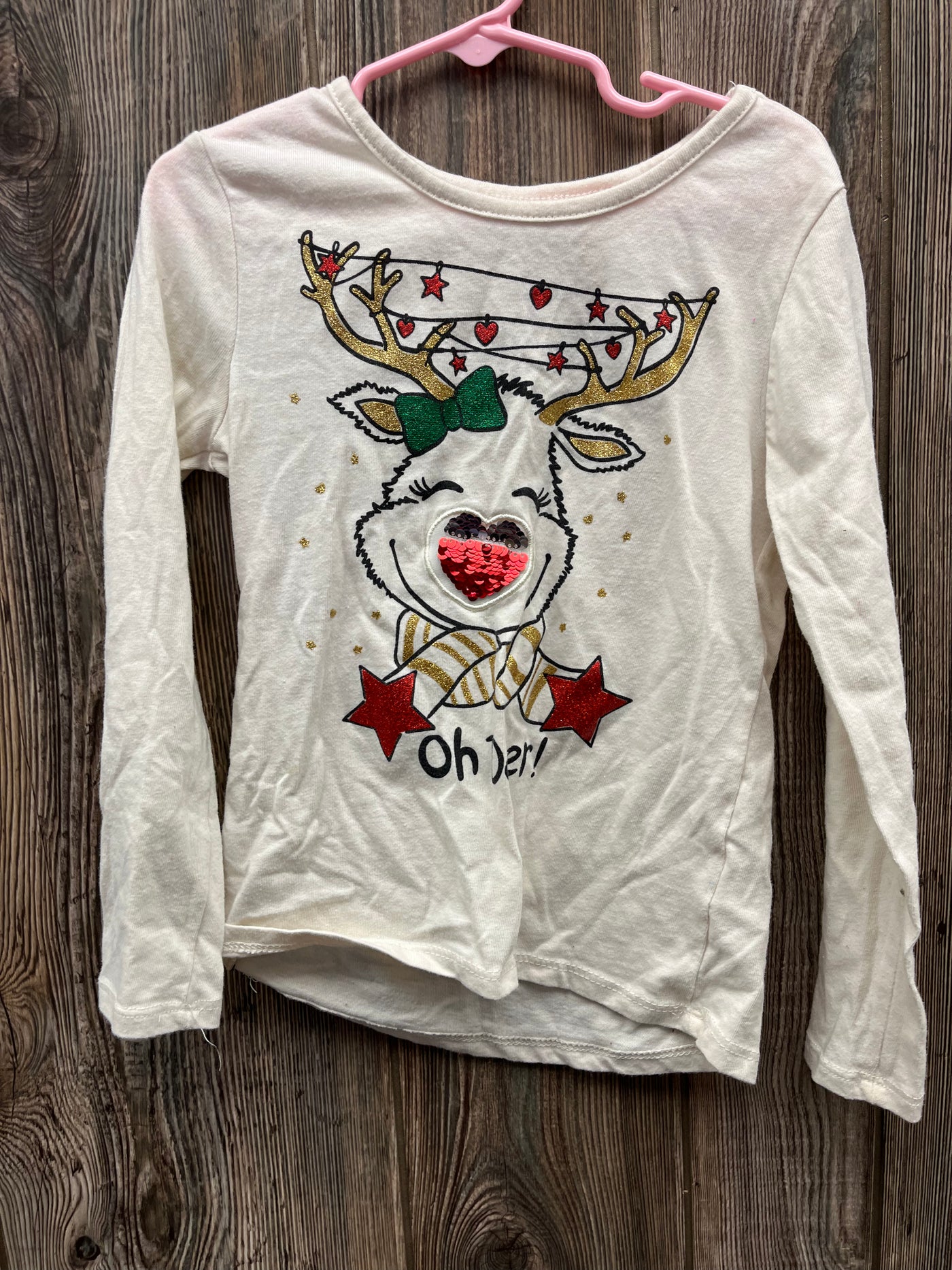 Girls 6/6x Cream Deer Christmas Long Sleeve Top