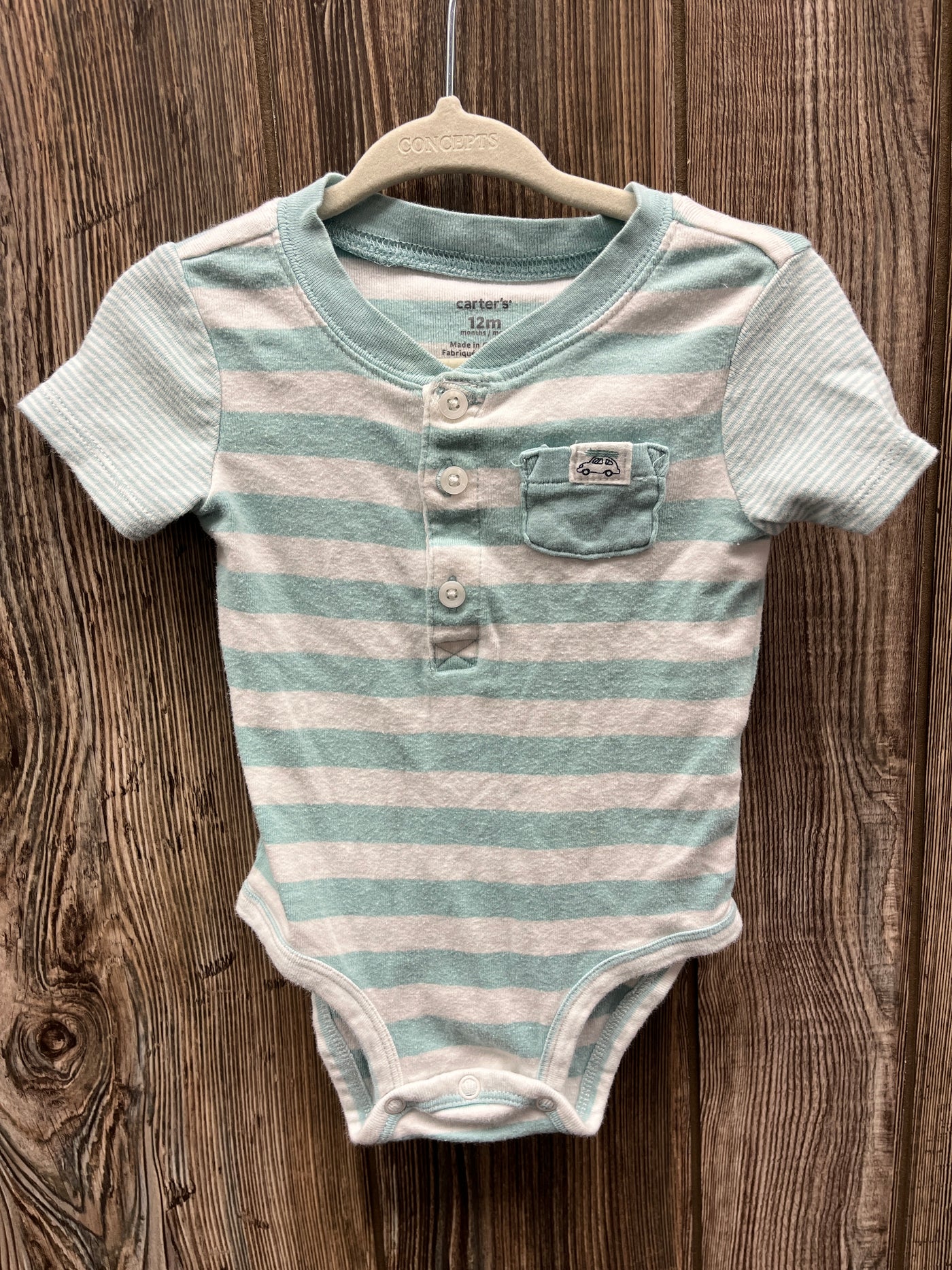 Boys 12 mo Blue and White Striped Short Sleeve Onesie with Pocket