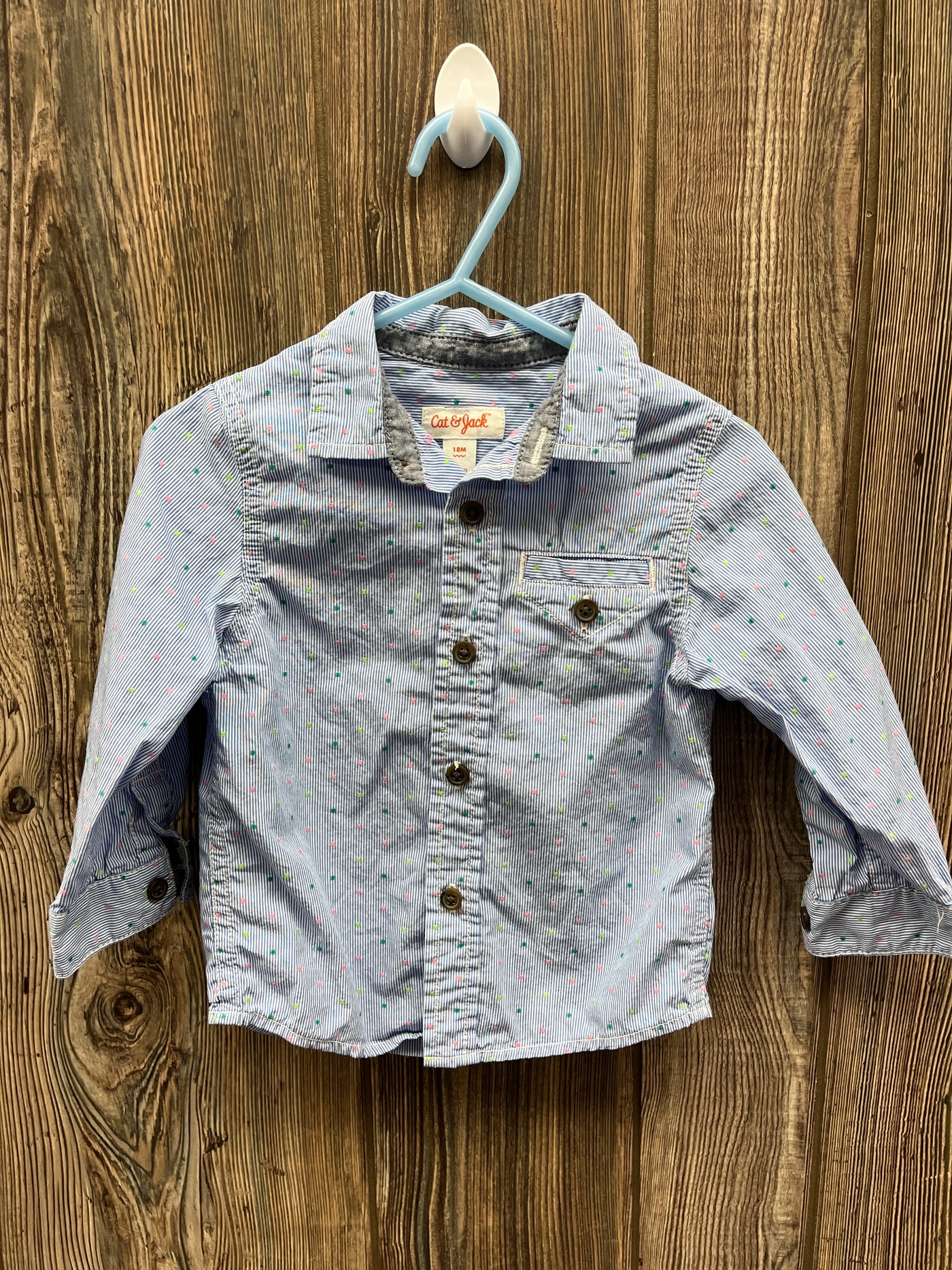 Boys 18 mo Blue and White Striped Button-Down Shirt with Poka Dots