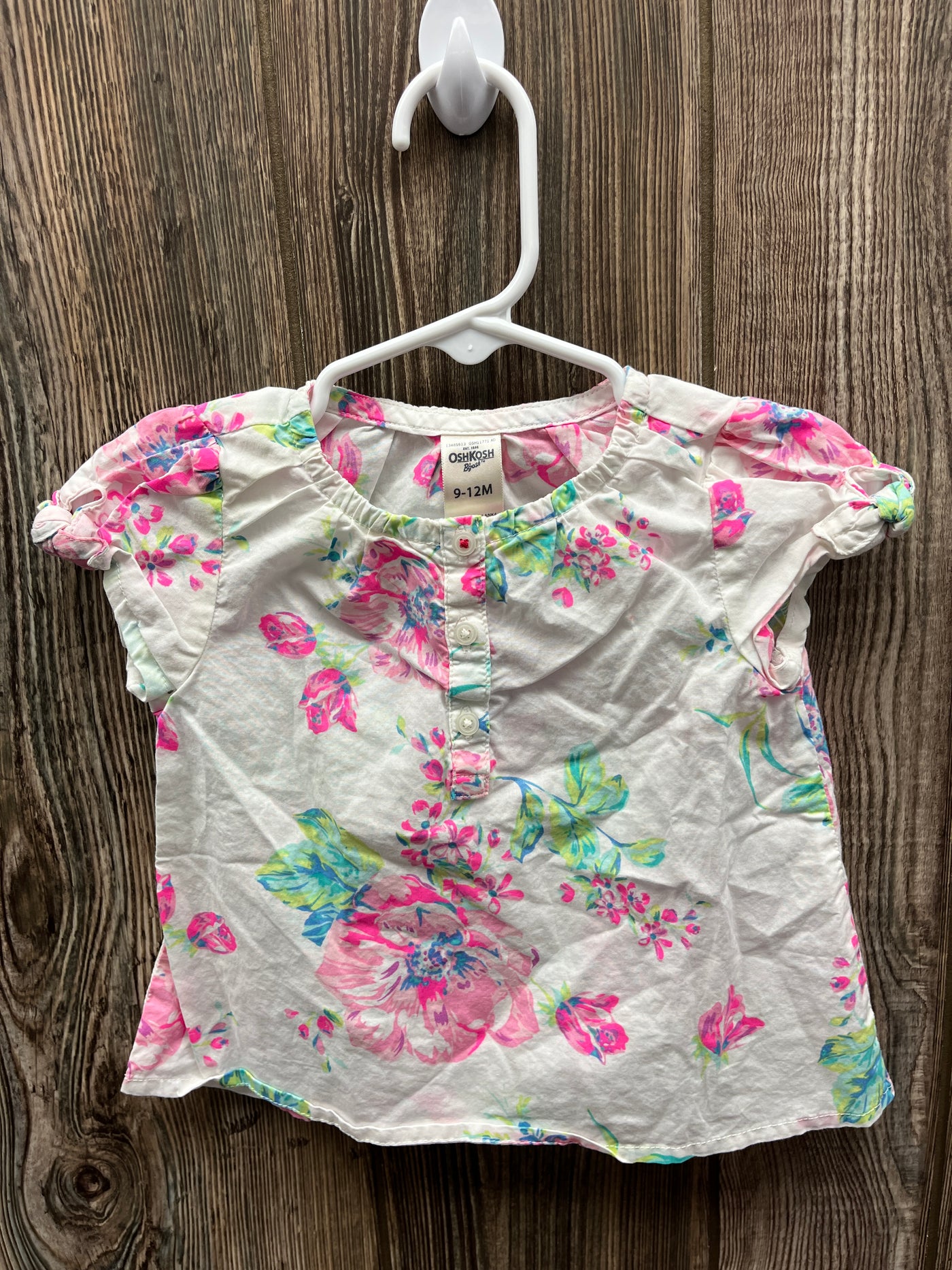 Girl 9-12 mo White Short Sleeve Shirt with Pink Flowers