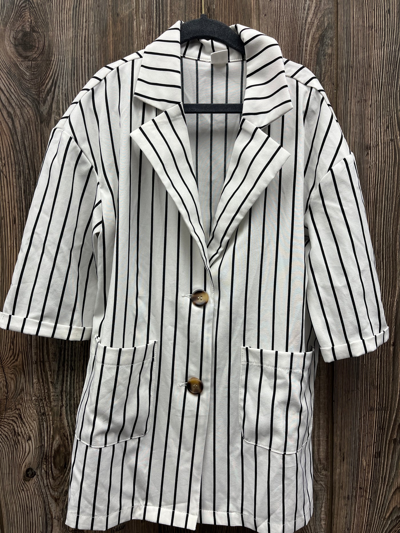 Girl 10 White and Black Striped Button Down Collared Blaser