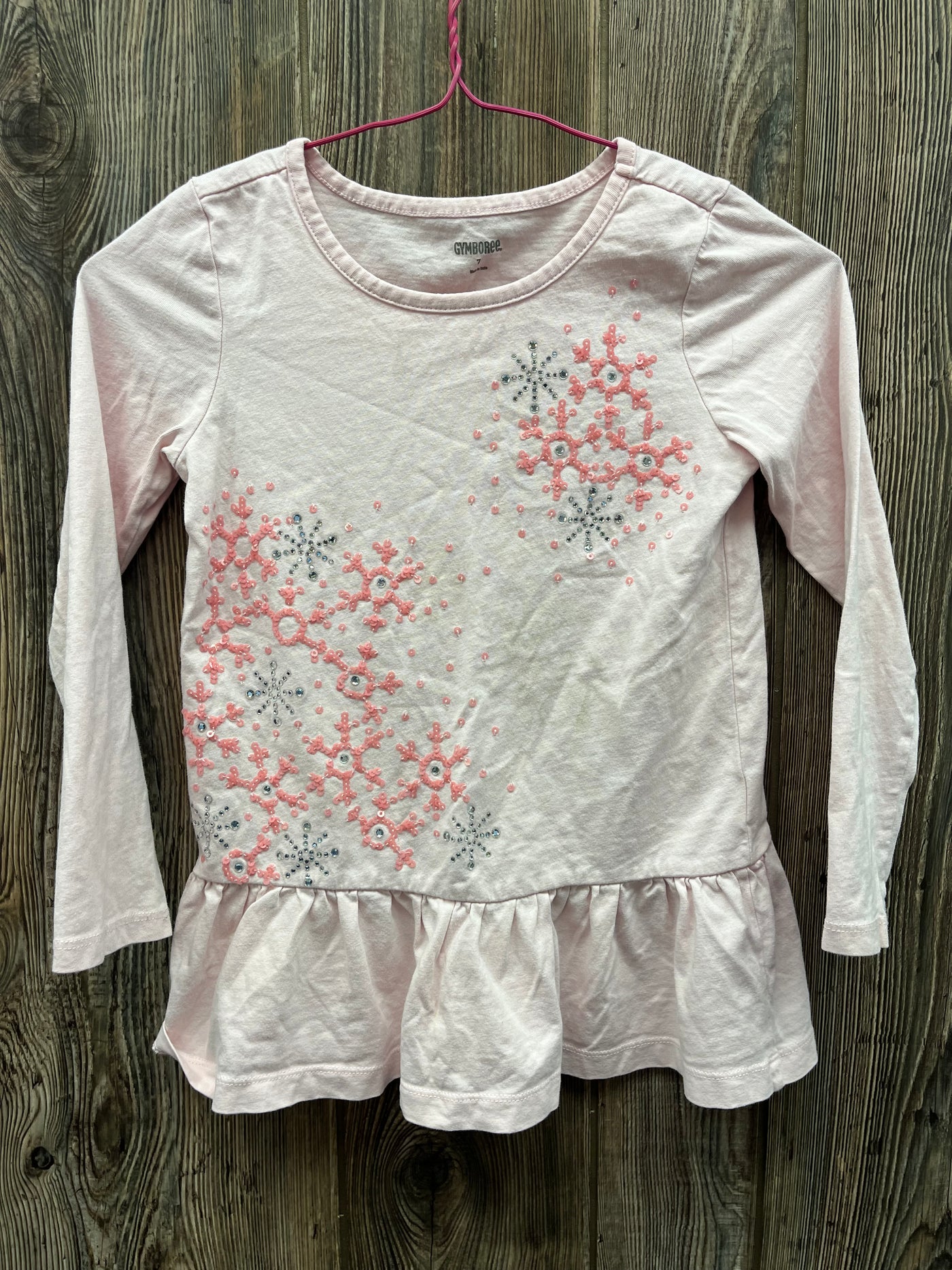 Girls 7 Pink Long Sleeve Top with Snowflakes