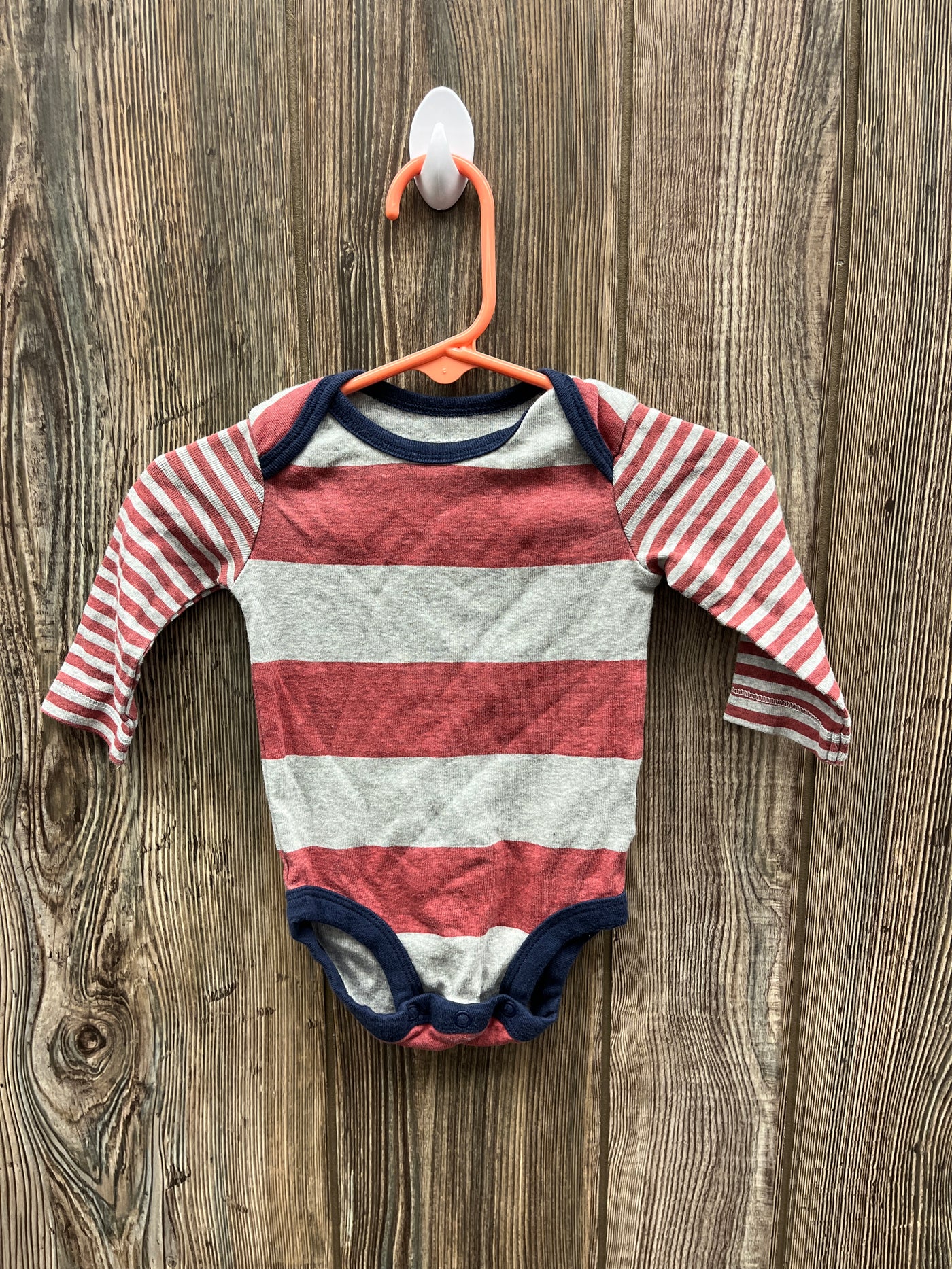 Boys 3 mo Gray and Maroon Striped Long Sleeve Onesie