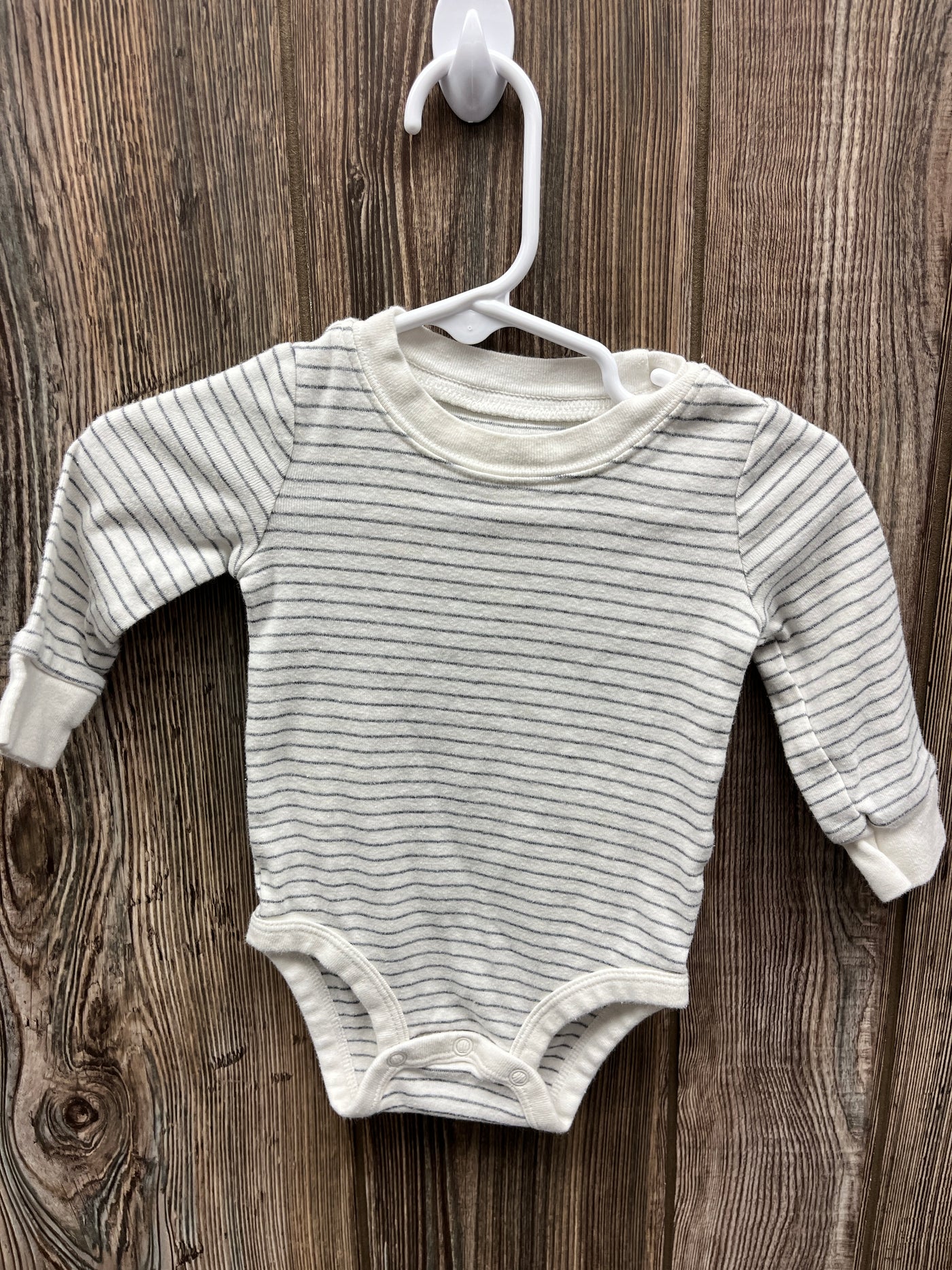 Boys 6 mo White with Gray Stripes Long Sleeve Onesie