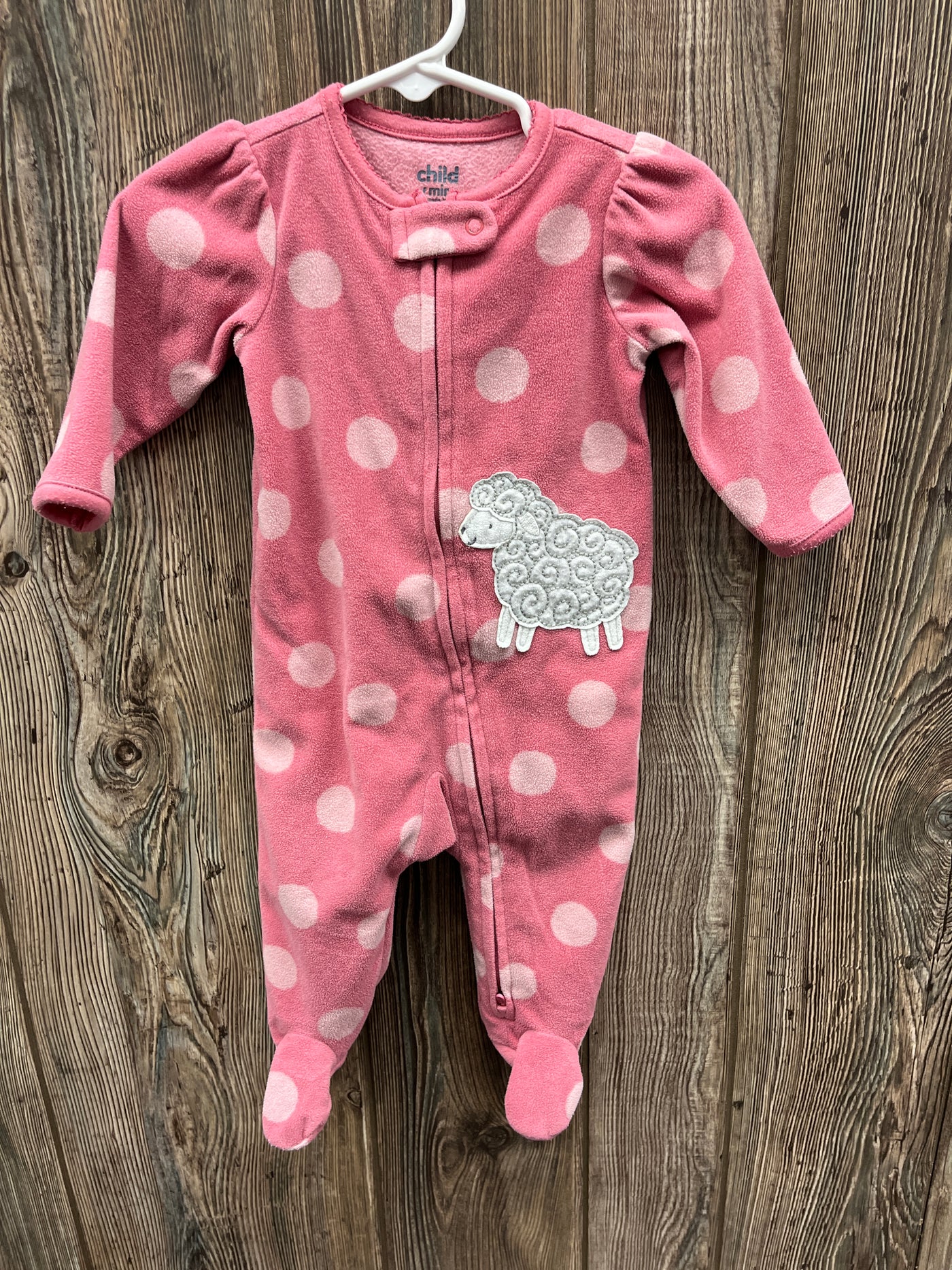 Girls 3-6 mo Pink Poka Dots Fleece Sleeper with Sheep