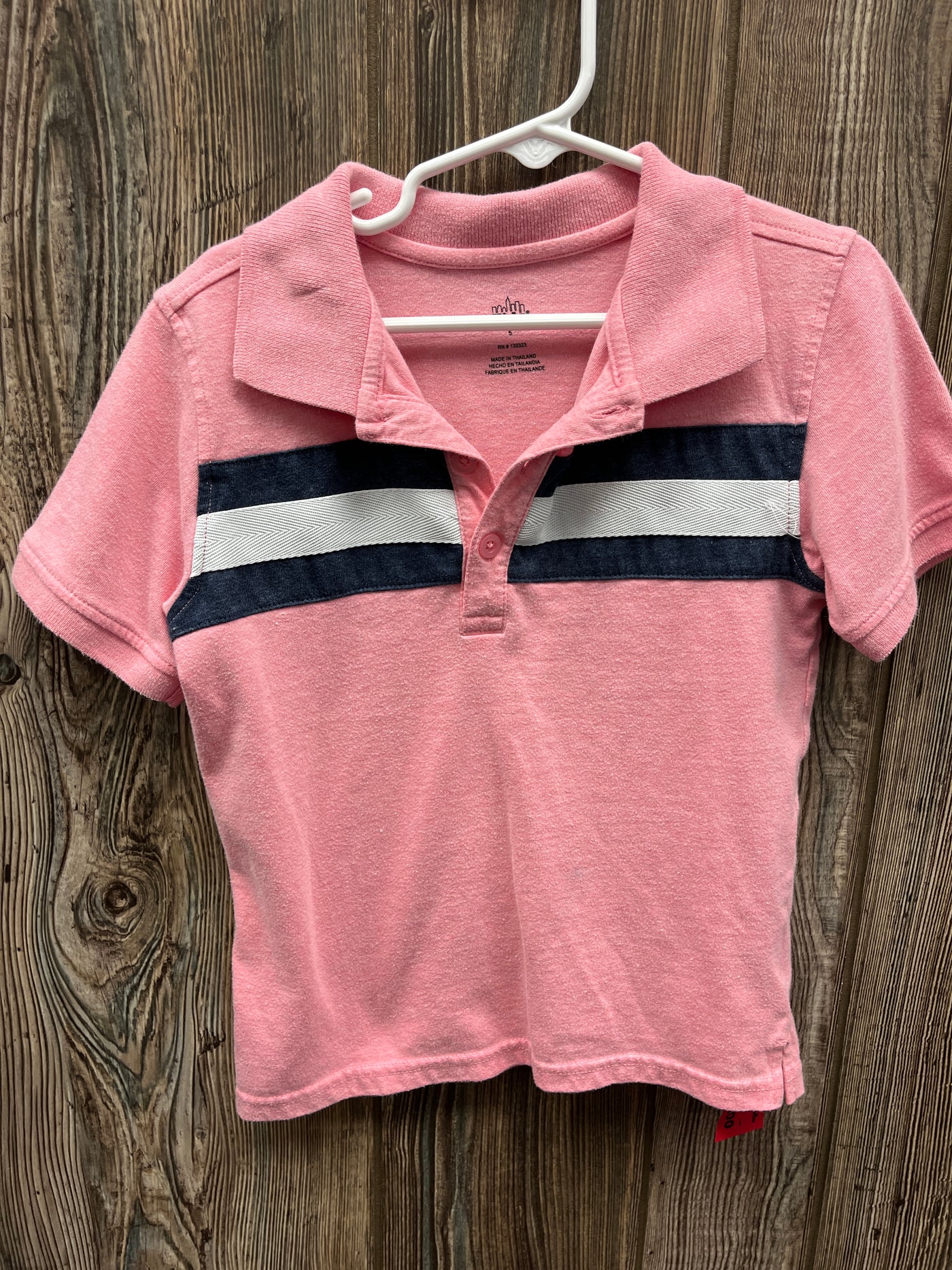 Boys 5 Pink Polo Short Sleeve Shirt with Navy Stipe