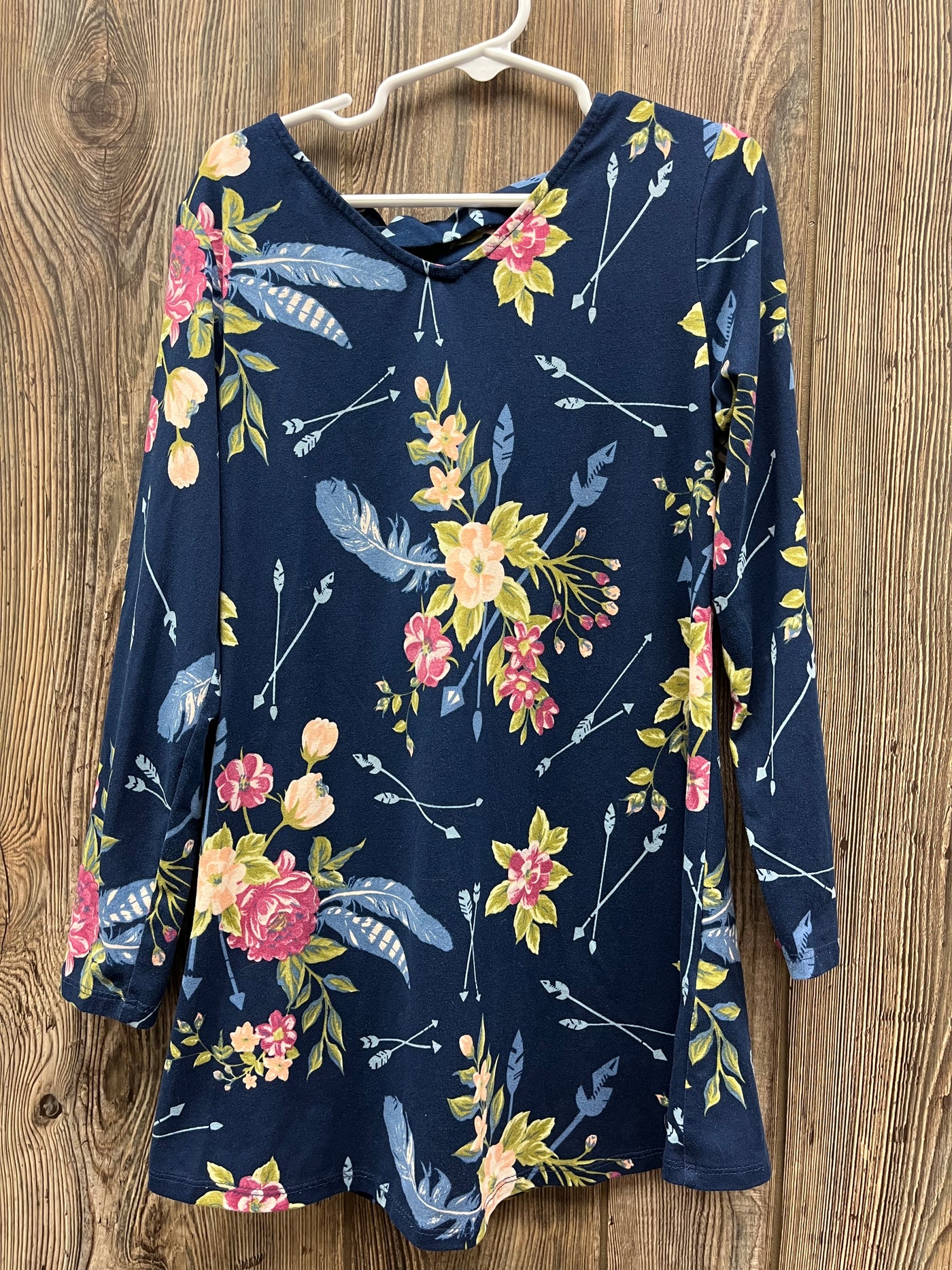 Girls 7/8 Navy Flower Long Sleeve Dressy Dress