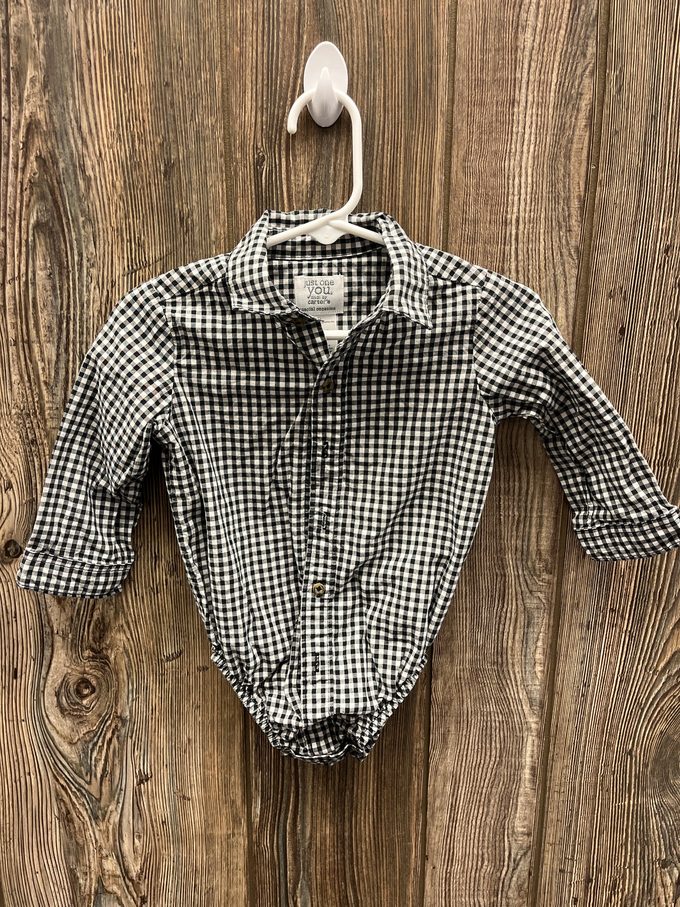 Boys 12 mo Black and White Checkered Long Sleeve Button Down Onesie