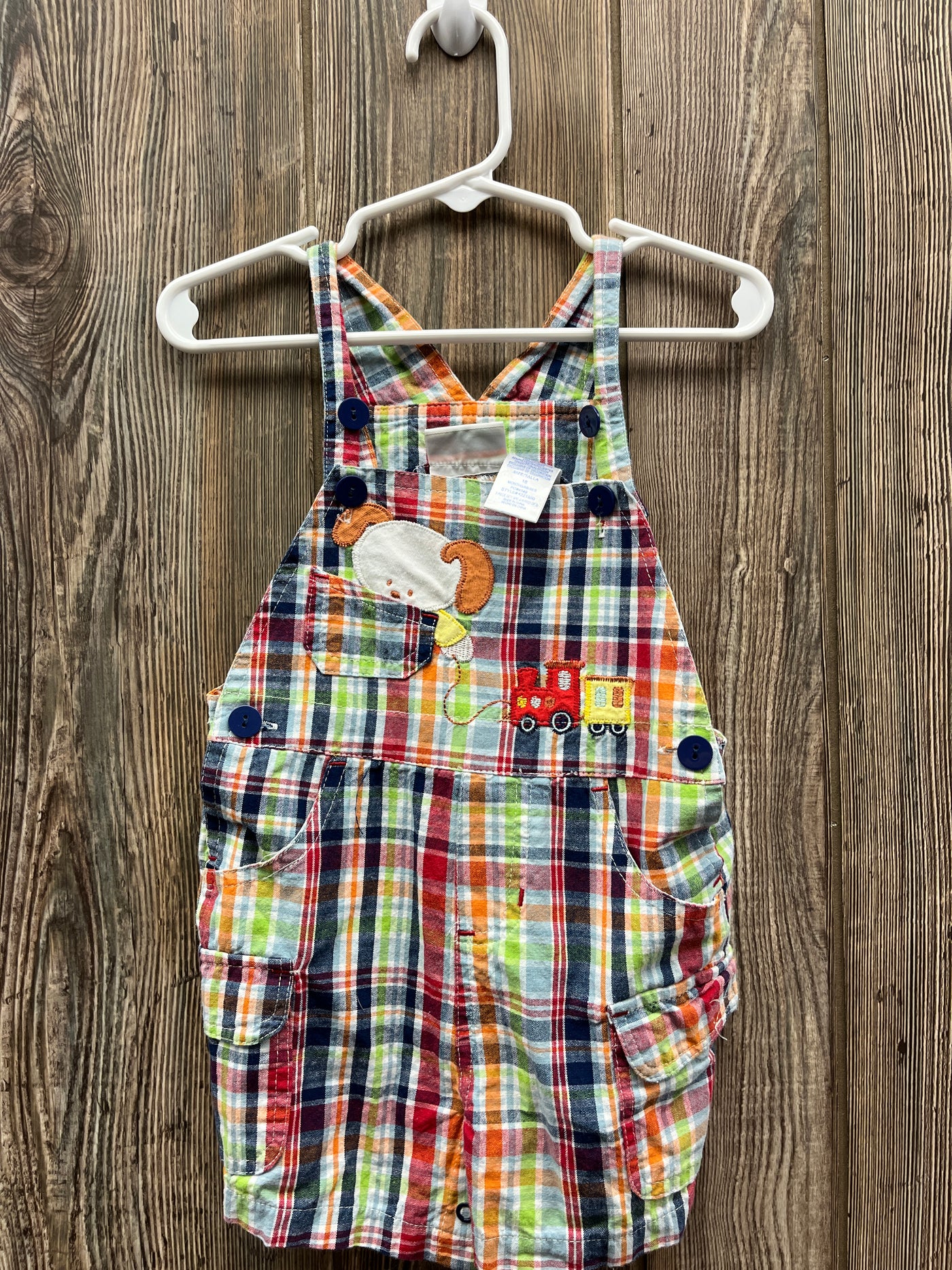 Boys 18 mo Plaid Overalls with Puppy and Train