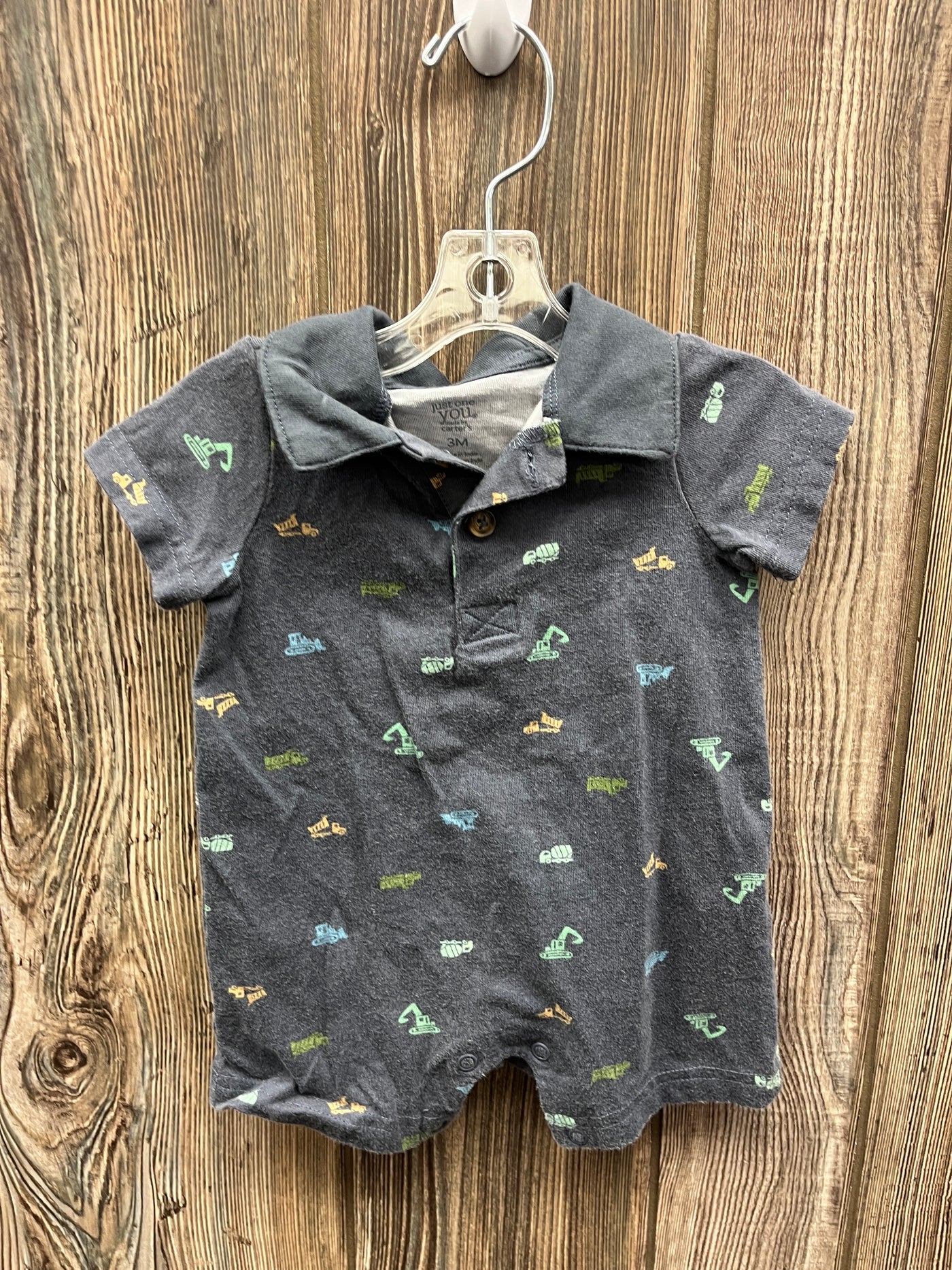 Boys 3 mo Navy Collared Romper with Construction Vehicles