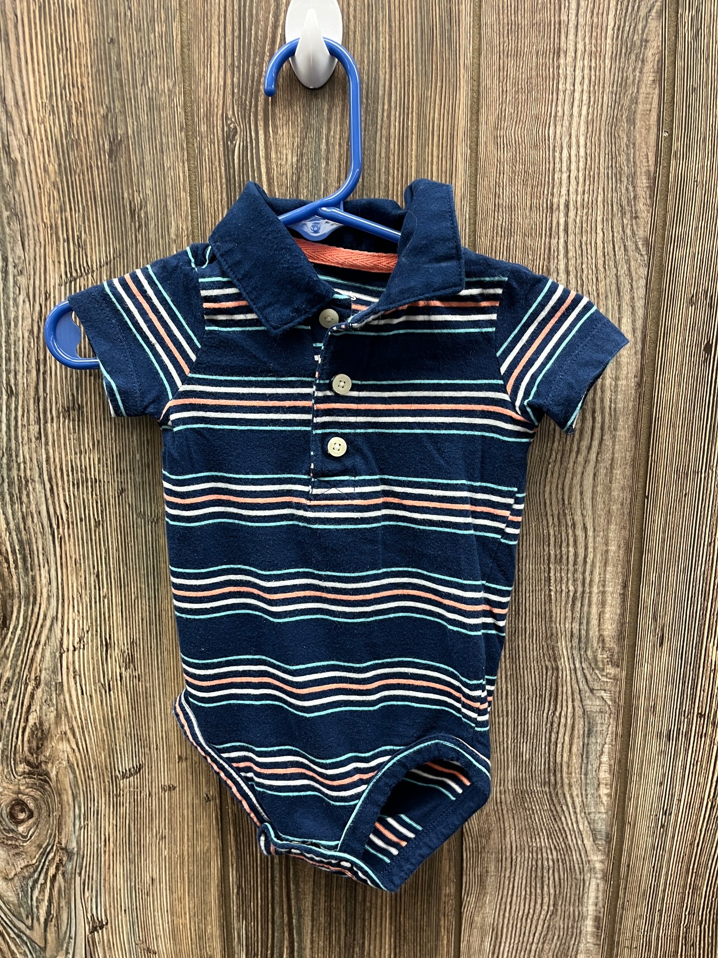 Boys 12 mo Navy Collared Striped Short Sleeve Onesie