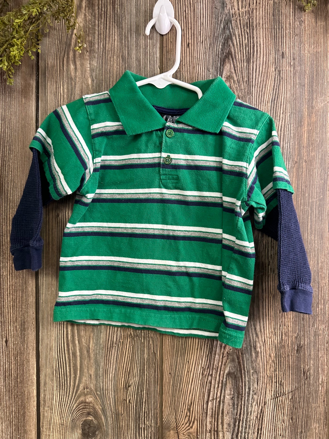 Boys 24 mo Green Striped Collared Long Sleeve Shirt