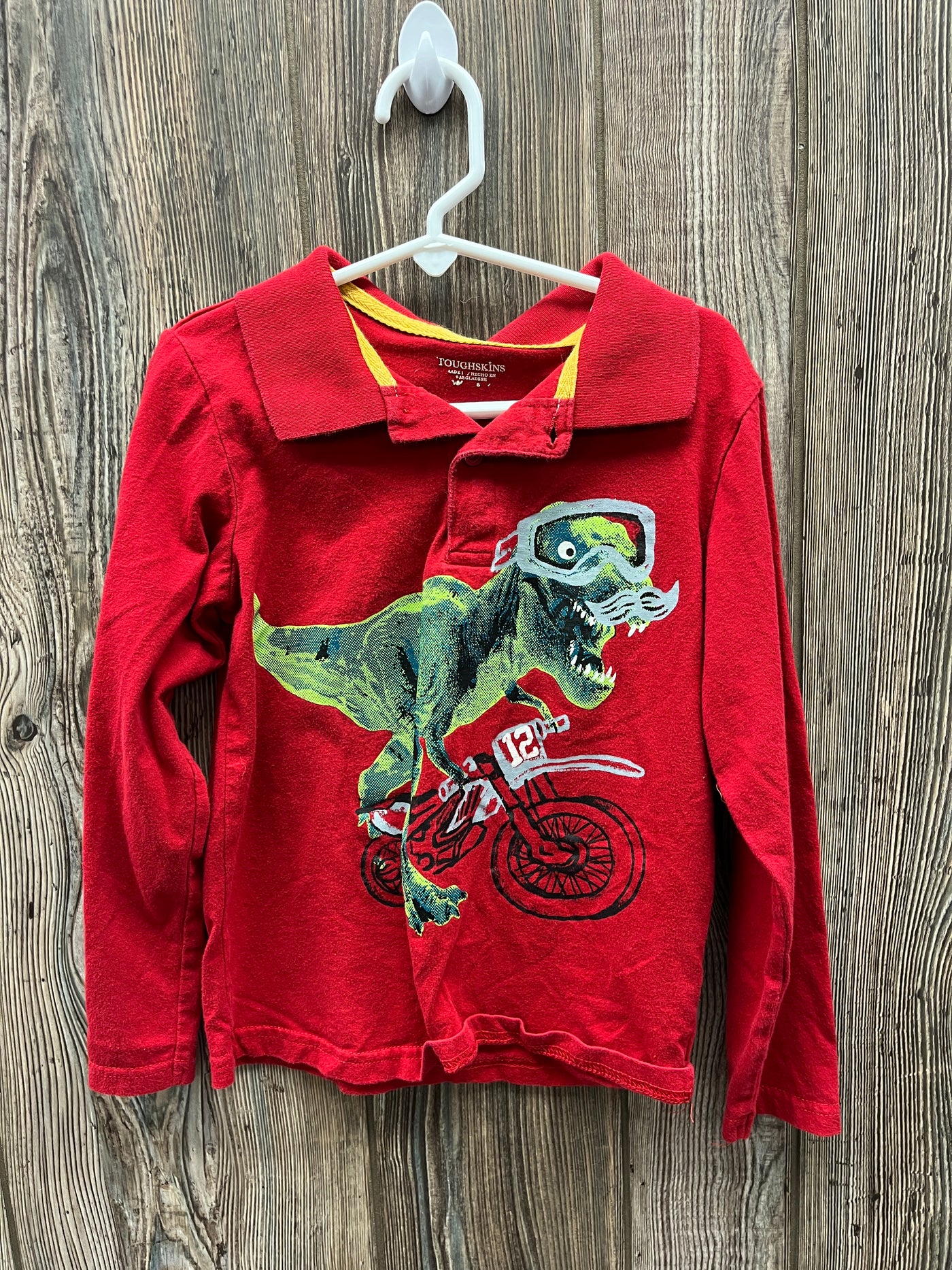 Boys 5 Red Long Sleeve Top with Dinosaur