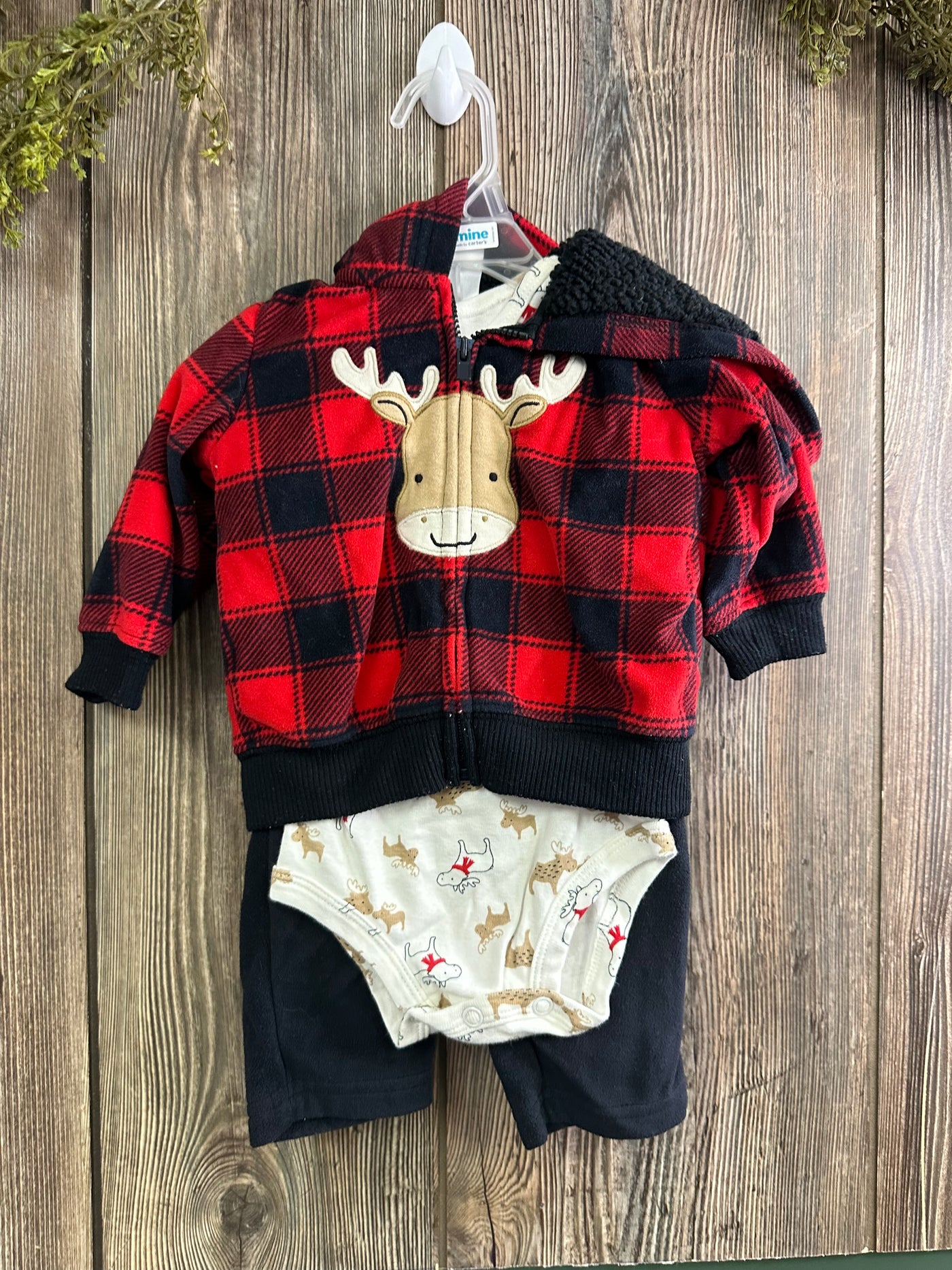 Boys 3 mo Red Plaid Moose Hoodie with One Piece Outfit and Pants