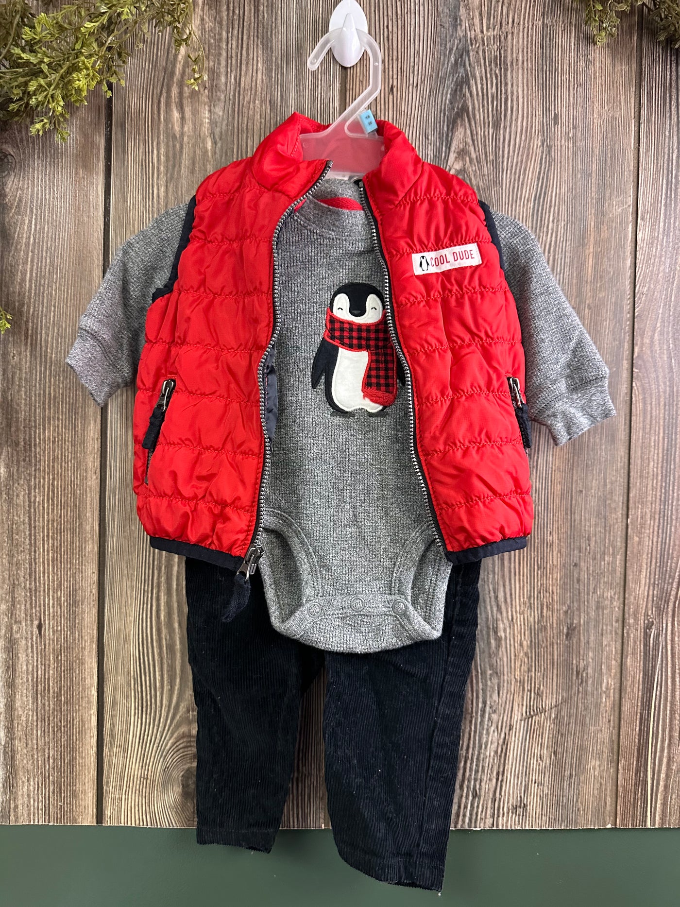 Boys 3 mo Red Vest Jacket with Penguin Long Sleeve Onesie and Pants